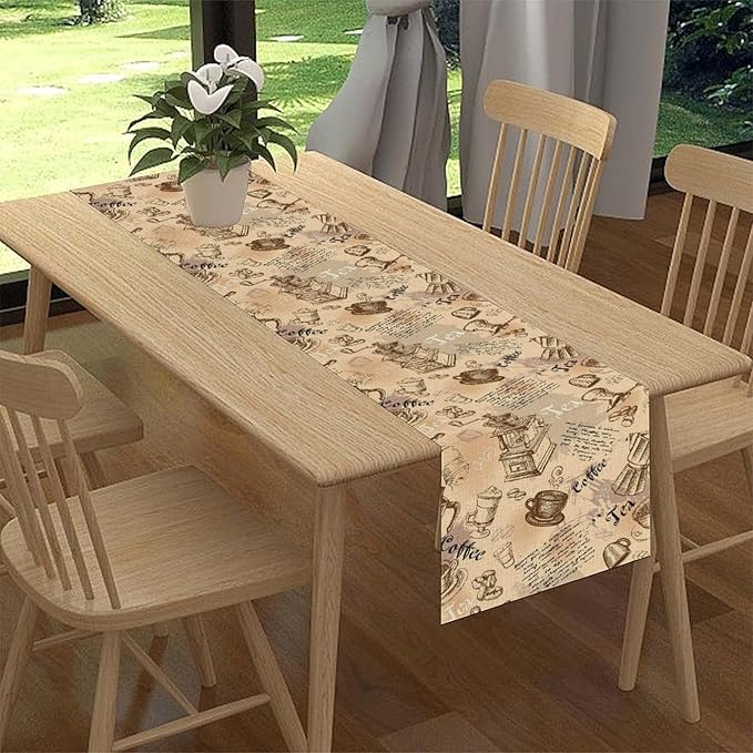 Coffee Theme Table Runner, Rustic Farmhouse Coffee Cup Tea Party Cafe Table Center Decor for Home Kitchen Dining Patio Holiday Party Indoor Outdoor Table Decorations,13"x90" Inch