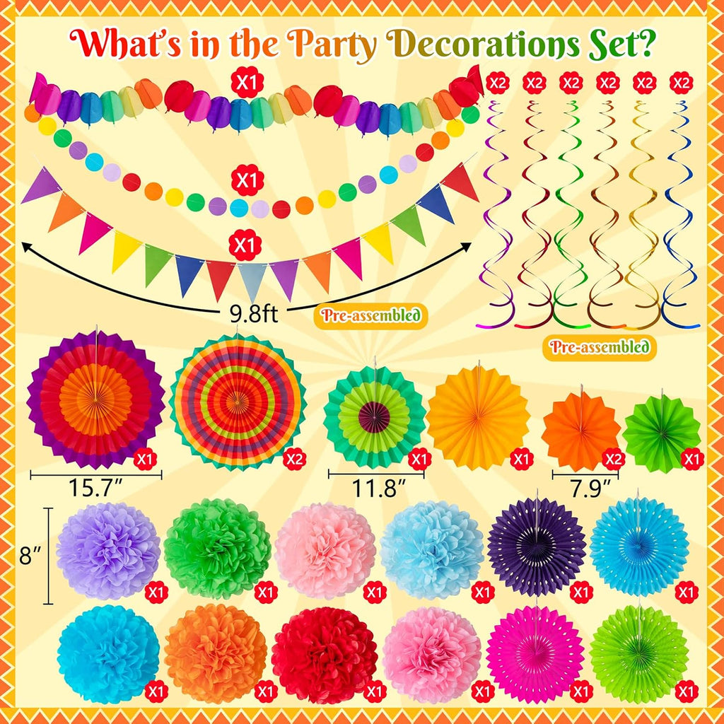 35PCS Fiesta Paper Fan Party Decorations Set | Cinco De Mayo Pom Poms, Pre-assembled Pennant, Garland String & Banner, Hanging Swirls, Hispanic Heritage Month Decor
