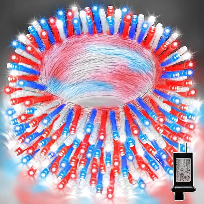 LAMPHOME 66ft Patriotic String Lights - Red White Blue Mini Lights, 200 LED Transparent Wire Fairy Starry String Lights Plug in, 11 Lighting Modes for Outdoor Tree Party Decoration (Red White Blue)