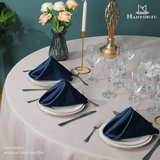 Manyshofu 60 Navy Blue Satin Napkins - 20x20 Inches Square Fabric Napkins Set - Soft & Reusable for Wedding Dinner Party Lunch