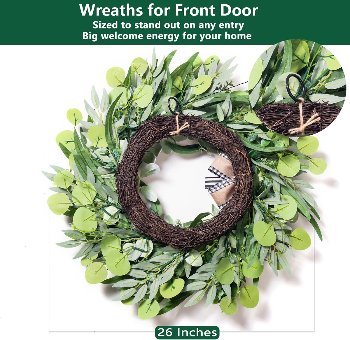 26 in large farmhouse wreaths for front door showing dimensions