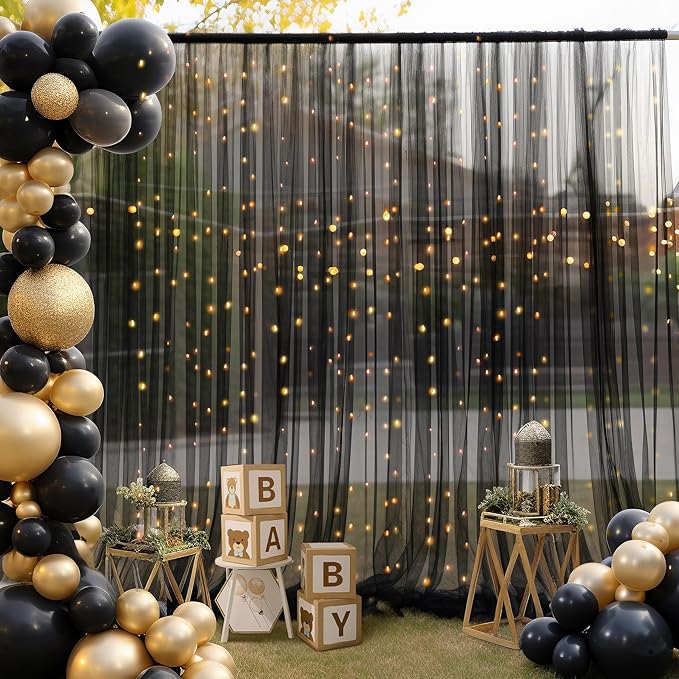 10ft X 10ft Black Sheer Backdrop Curtain for Parties, Tulle Sheer Fabric Backdrop Curtain Drapes for Baby Shower Birthday Party Photo Shoot Halloween Decorations