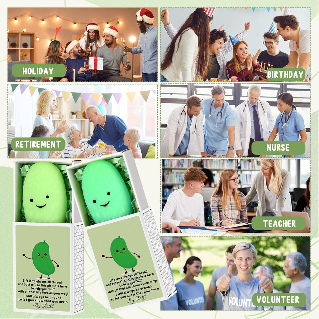 Wettarn 12 Sets Positive Gifts Pickle Stress Balls with Funny Gift Boxes Appreciation Party Favors for Employee Coworker Friends Office Emotional Relief Green Desk Decor Stocking Stuffers