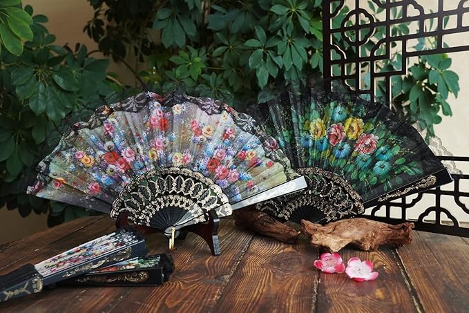 HUNANBANG 1 Dozen 12 Pieces Folding Hand Fans Church Wedding Gift, Party Favors, DIY Decoration Gift Size9 Wholesale 12pack (Flower)