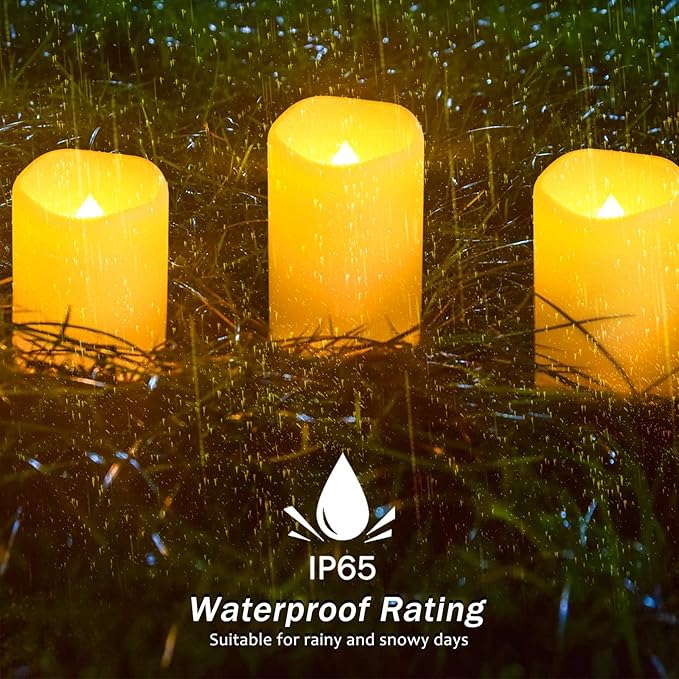 Solar flameless Candles Outdoor Waterproof,Dusk to Dawn Outdoor Lighting, Flickering fameless Reusable LED Light Candles for Lantern Garden Camping and Home Decor, 3D Wick (3"X6") Set of 2