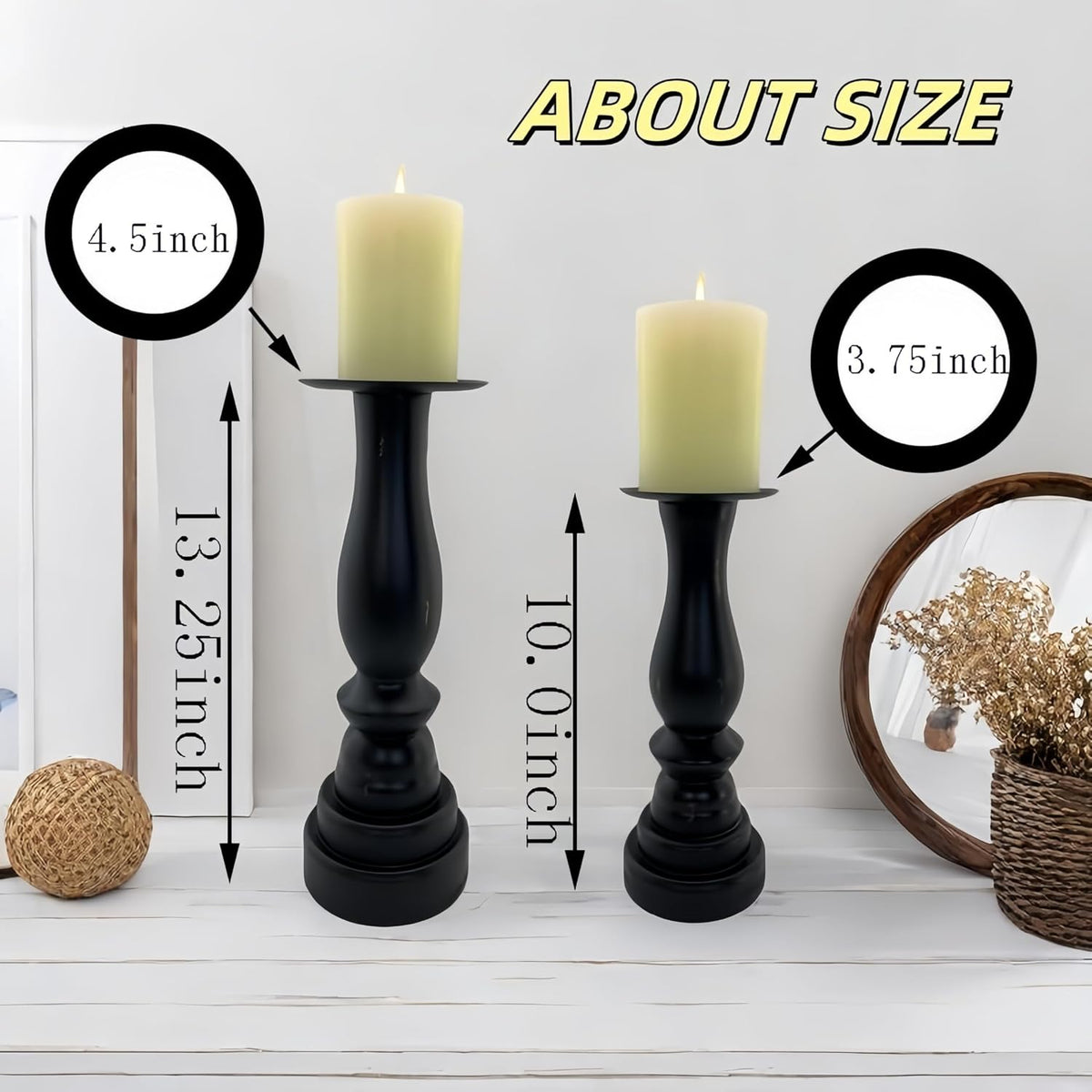 Black Worn Pillar Candle Holder - Rustic Wooden Farmhouse Candlestick Holders...