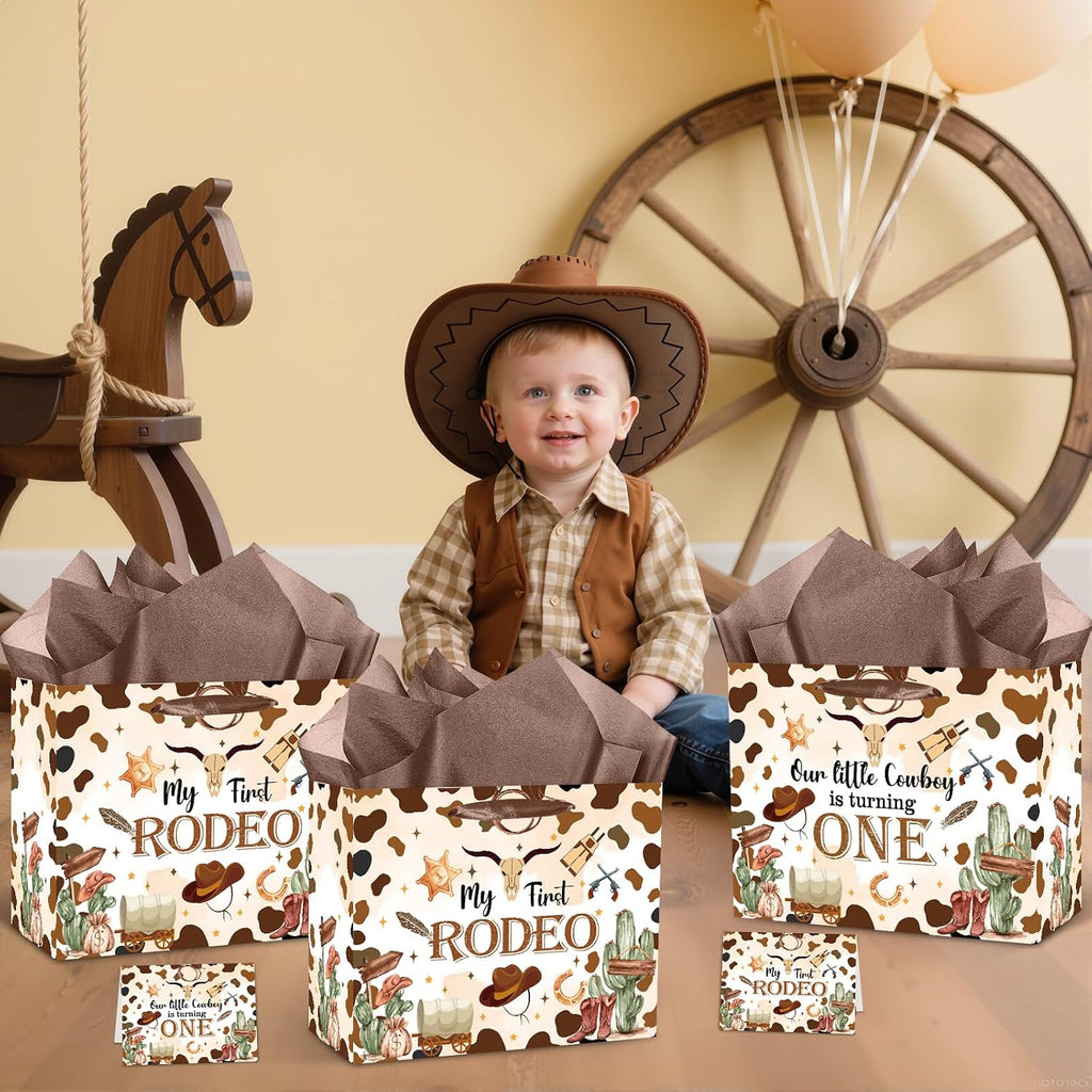 My First Rodeo Birthday Gift Bag Our Little Cowboy is Turning One Gift Bag with Tissue Paper Card Brown Wild West Western 1st Gift Wrapping Paper for Baby Boy Cowboy One Year Old Birthday Party Supply