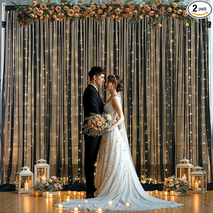 10x10ft Black Chiffon Backdrop Curtain with Lights for Wedding Birthday Parties, Wrinkle Free Backdrop Curtains with Lights for Halloween Baby Shower Gender Reveal Photo Shoot (5 x 10ft,2 Panels)