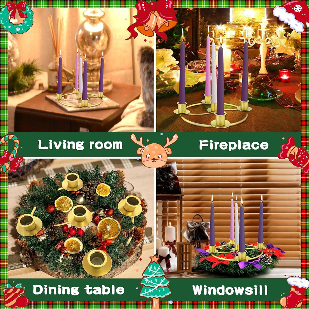 Advent Wreath Candle Holder, Christmas Candle Rings for Tapered Candles, Advent Wreath 5 Candle Holder for Christmas Festival Home Party Church Decor, Gold