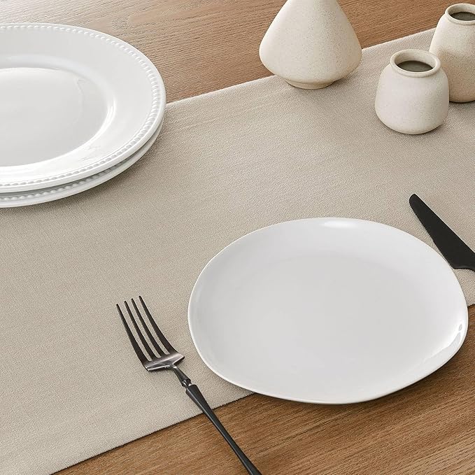 ZeeMart Linen Textured Border Table Runner, 14 x 60 Inch Natural, Farmhouse Style Neutral Table Runners 60 Inches Long, Easy Care Everyday Polyester Table Runner