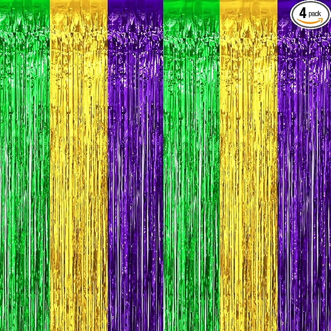 4 Pack Mardi Gras Foil Fringe Curtain Backdrop, 3.28Ft x 8.2Ft Gold Green Purple Metallic Tinsel Foil Fringe Streamers Curtains for Photo Booth, Wedding, Birthday, Carnival Party Decoration