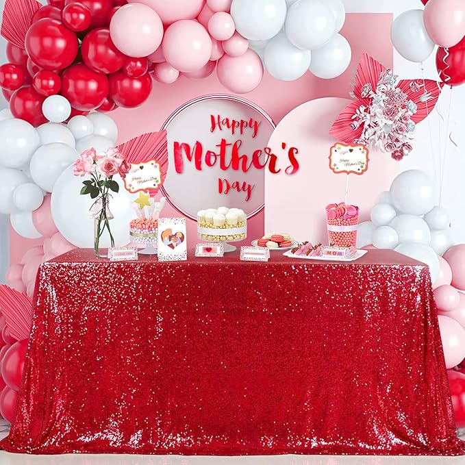 QueenDream Sparkly Sequin Tablecloth - Red Table Cloth 50x80 Inches Rectangle Table Overlay Fabric for Birthday Parties Baby Shower Decoration