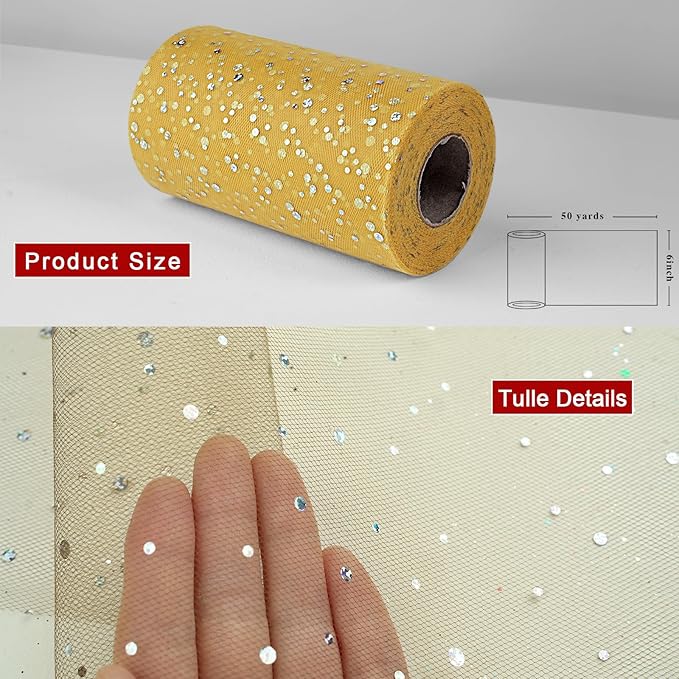 Glitter Tulle Rolls, 6” by 50 Yards (150FT) Sequin Tule Netting Fabric Tulle for Tutu Skirts Sewing Birthday Wedding Party Decoration (Gold)