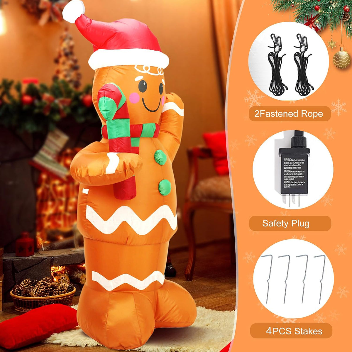 5FT H Lovely Christmas Inflatable Gingerbread Man with Candy Cane, Blow up Gi...