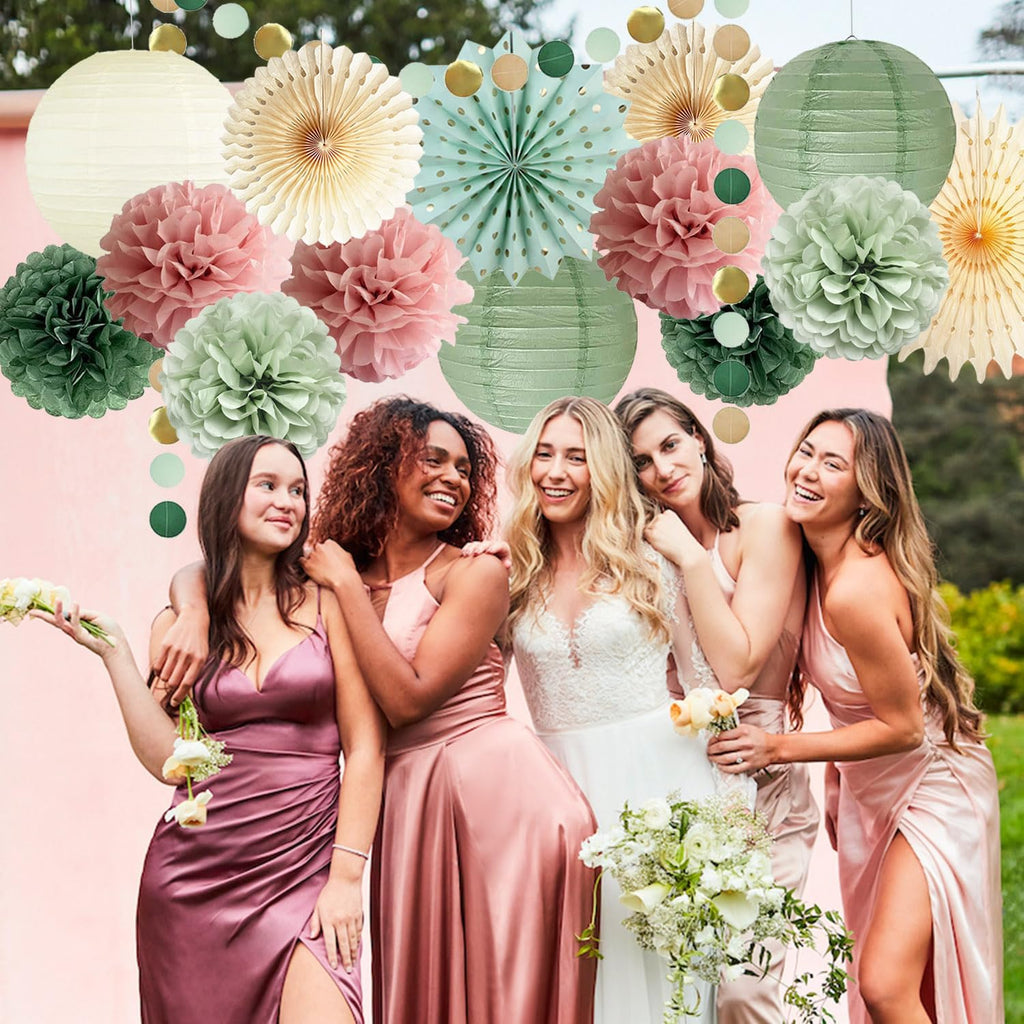 Sage Green and Dusty Pink Party Decorations Green & Pink Party Decor Sage Tissue Pom Poms Paper Lanterns Beige Paper Fans for Women Girls Birthday Wedding Bridal Shower Baby Shower Party Decor