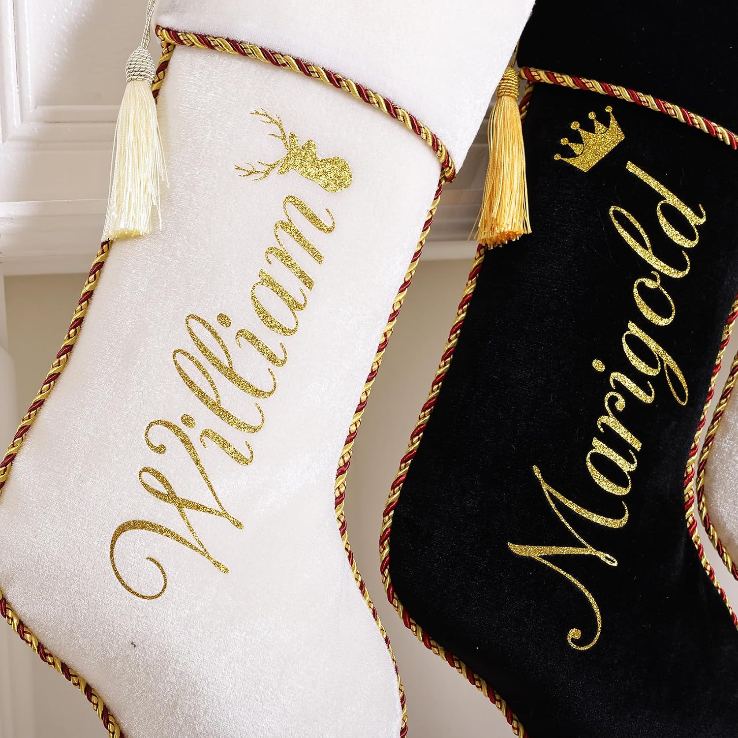 Personalized Christmas Stockings 1 Pack White Black Custom Christmas Stockings with Names Initials 20" Large Velvet Luxury Modern Kids Family Xmas Stocking for Farmhouse Holiday Fireplace