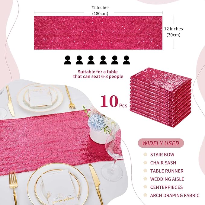 Fuchsia Table Runners 10 Pieces 12x72 Inches Sequin Glitter Table Runner for Birthday Party Baby Shower Holiday Event Table Decorations