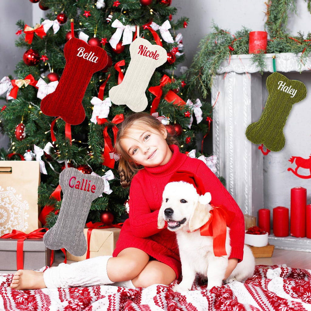 Personalized Pet Christmas Stocking,18 inch Custom Name Knit Christmas Stockings for Dog，Large Bone Xmas Stockings (Set of 1)