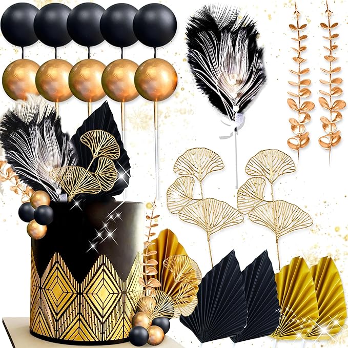 Boho Cake Topper Man Cake Toppers Happy Birthday Cake Topper Black Gold Balls Cake Decorations for Roaring 20s Cake Decoration Wedding Baby Shower Party Decoration
