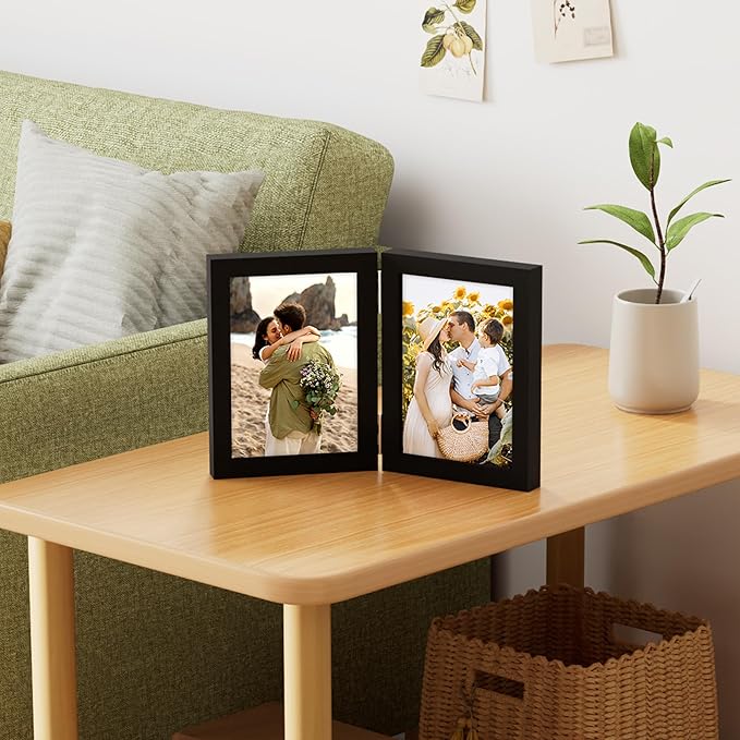 decorUhome Double 5x7 Picture Frame Vertical, Engineered Wood Bifold Photo Frame with Plexiglass for Tabletop Display, 5x7, Black