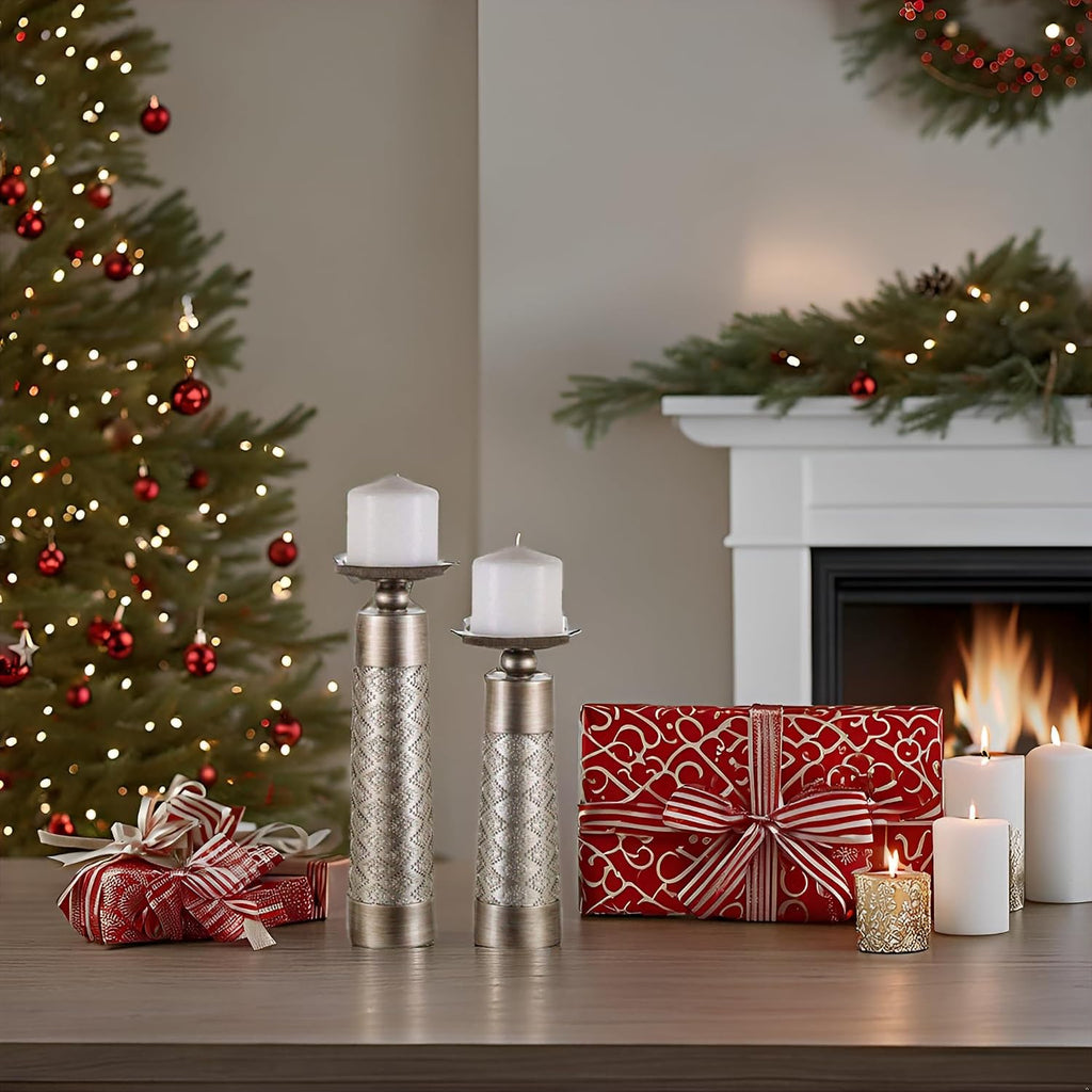 Creative Scents Dublin Silver Decorative Candle Holder Set of 2 - Home Decor Pillar Candle Stand, Coffee Table Mantle Decor centerpieces for Fireplace, Living or Dining Room Table, Gift Boxed