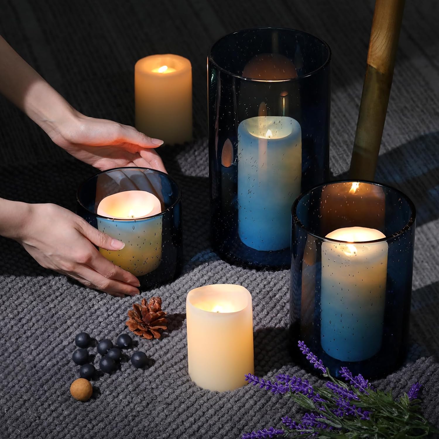 Large Hurricane Candle Holder Set of 3 Blue Candle Holders for Pillar Candles, Seeded Bubbles Glass Candle Holder, Blue Glass Cylinder Vases for Table Centerpieces, Home, Patio and Wedding 10"7"4"H