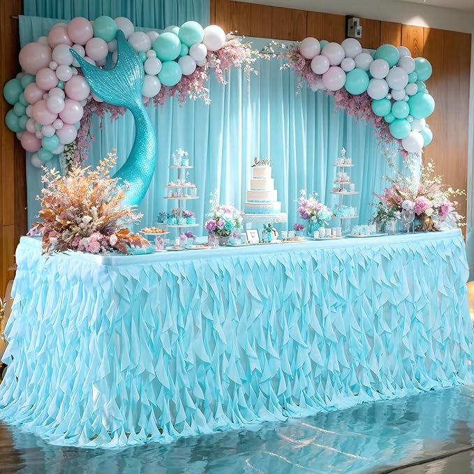 Partisky Aqua Blue Tulle Curly Willow Table Skirt for Rectangle Table 17ft, Ruffle Tutu Table Cloth for Boys Baby Shower,Birthday Party Candy Cake Tables