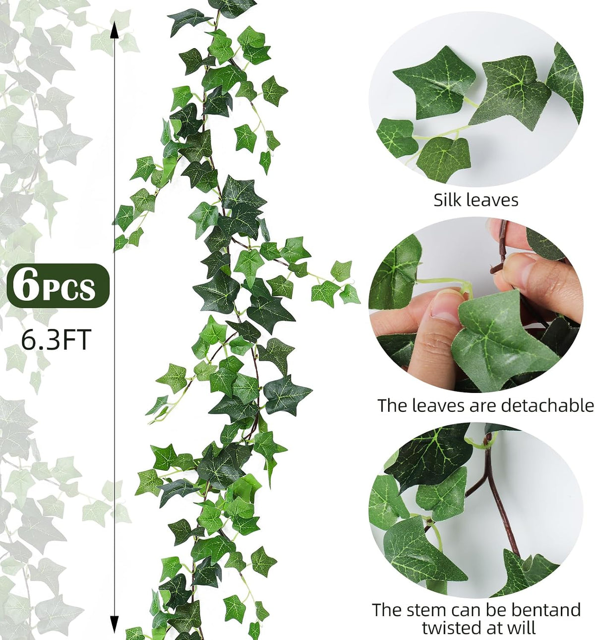 recutms 6strand artificial ivy greenery garland silk fake, side view