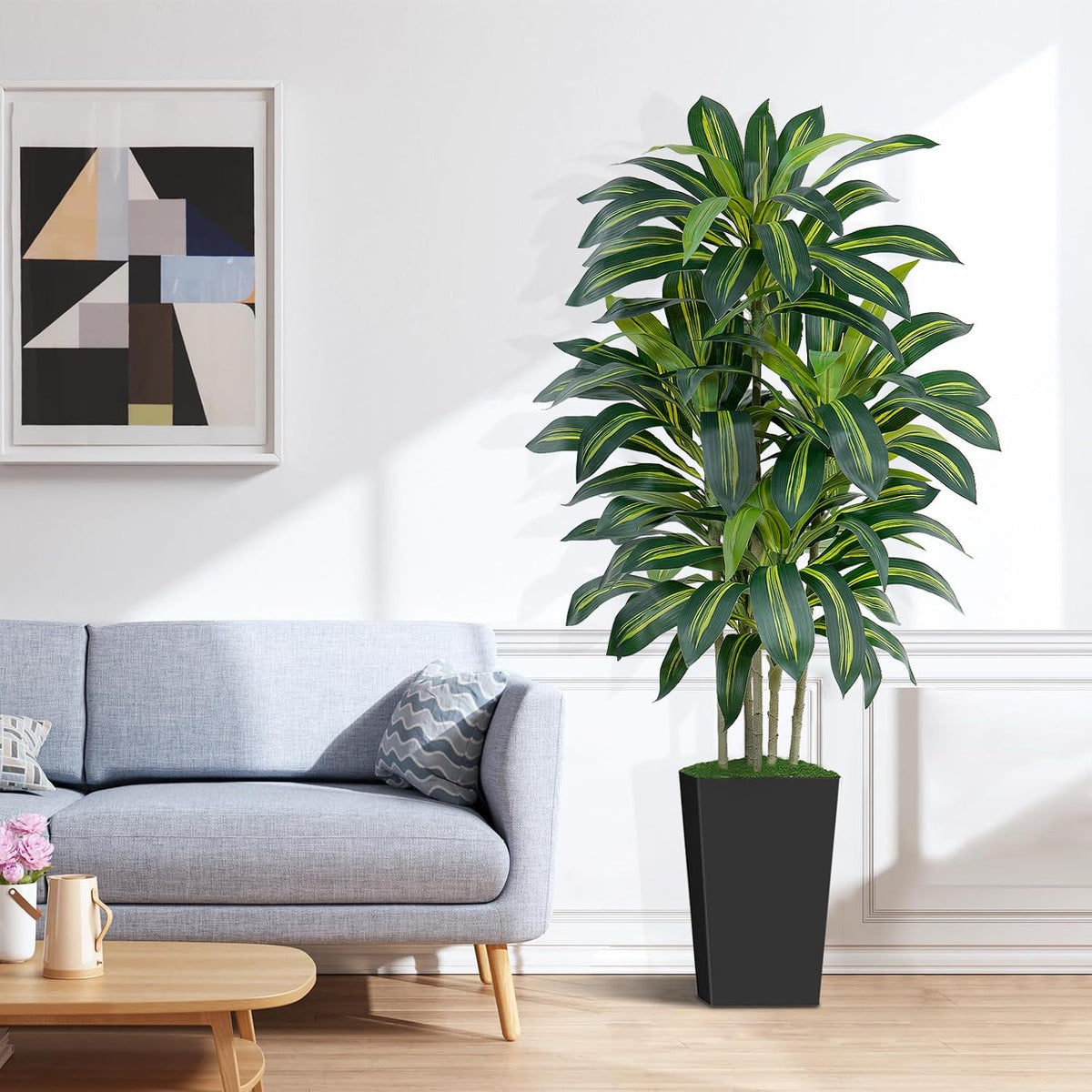 5FT Artificial Dracaena Tree - High-Density Foliage Fake Plant with Black Tal...