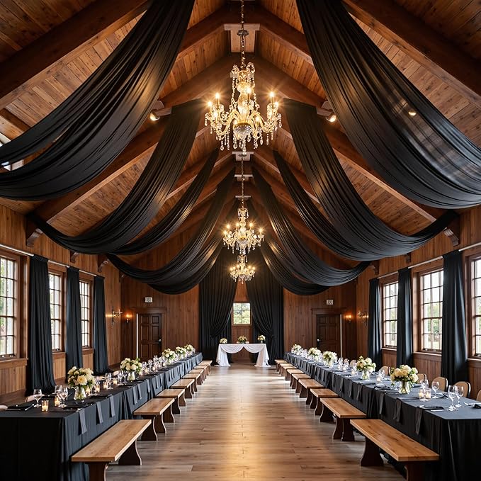 30ft x 15ft Black Wrinkle Free Backdrop Curtain for Parties, Silky Polyester Fabric Wedding Ceiling Drapes, 6 Panels 15ft Photo Back Drop Drapes for Baby Shower Photography Stage Background Cloth