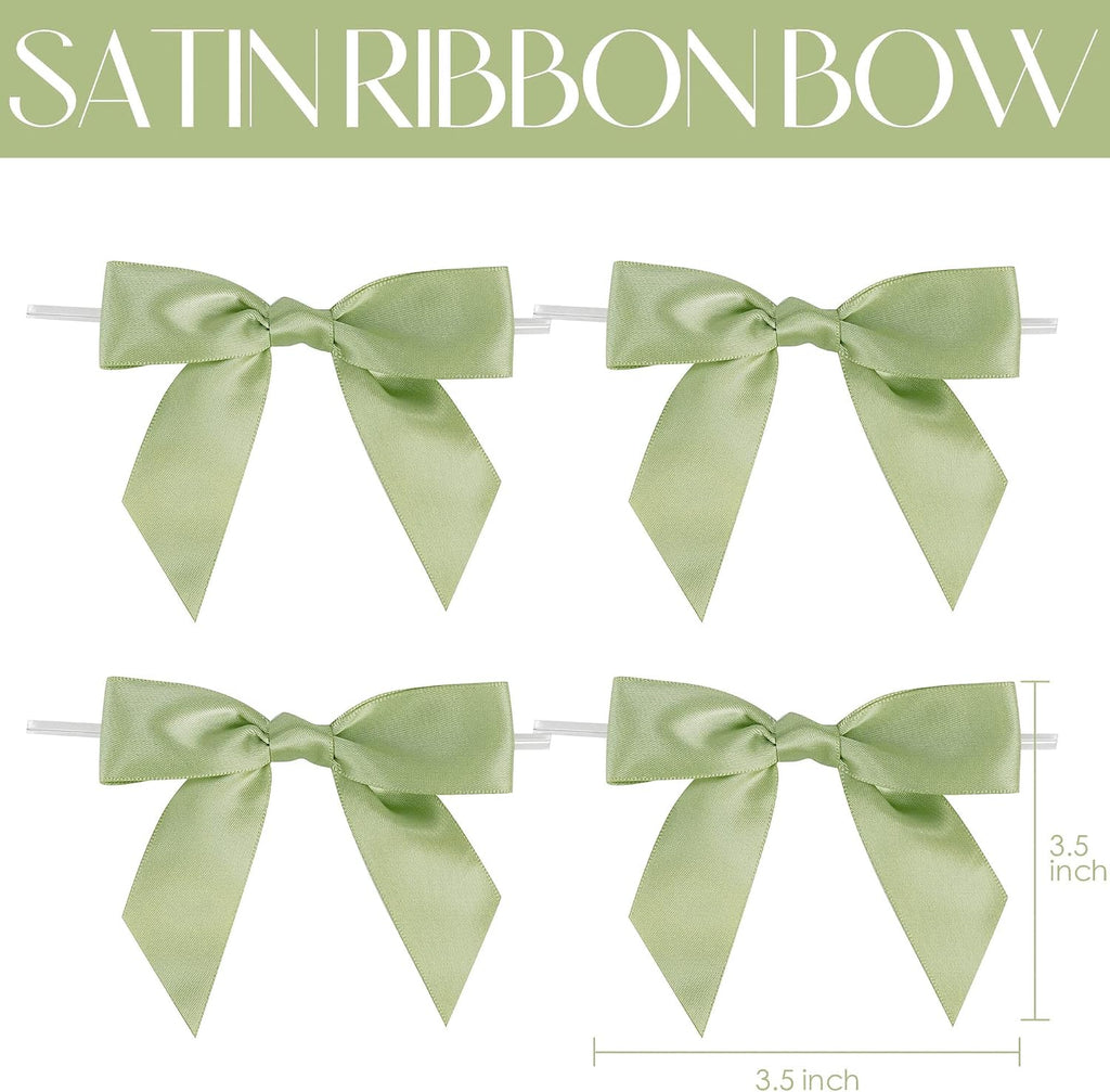 AIMUDI Sage Green Satin Ribbon Twist Tie Bows 3.5" Pretied Bows Premade Bows for Treat Bags Crafts Gift Wrapping Basket Wedding Favors Cookie Candy Bagging Cake Pop Bridal Shower - 50 Counts