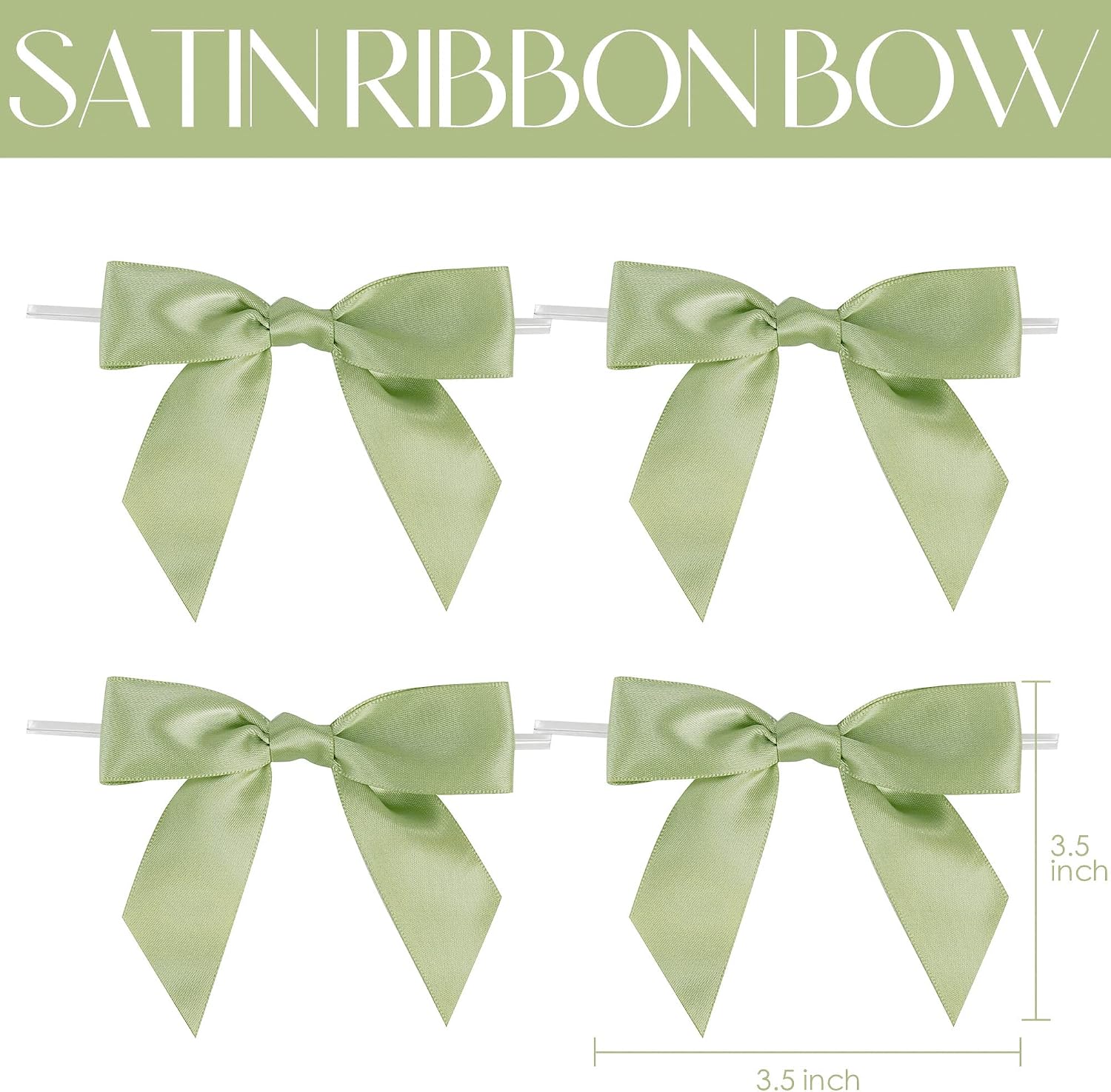 AIMUDI Sage Green Satin Ribbon Twist Tie Bows 3.5" Pretied Bows Premade Bows for Treat Bags Crafts Gift Wrapping Basket Wedding Favors Cookie Candy Bagging Cake Pop Bridal Shower - 50 Counts