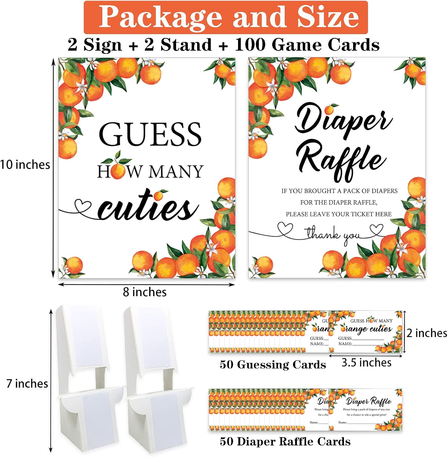 Senfaro 50 Little Cutie Orange Diaper Raffle Tickets and 1 Sign Baby Shower Games Orange Theme Guess How Many Cuties Sign with 50 Cards Baby Shower Candy Guessing Game