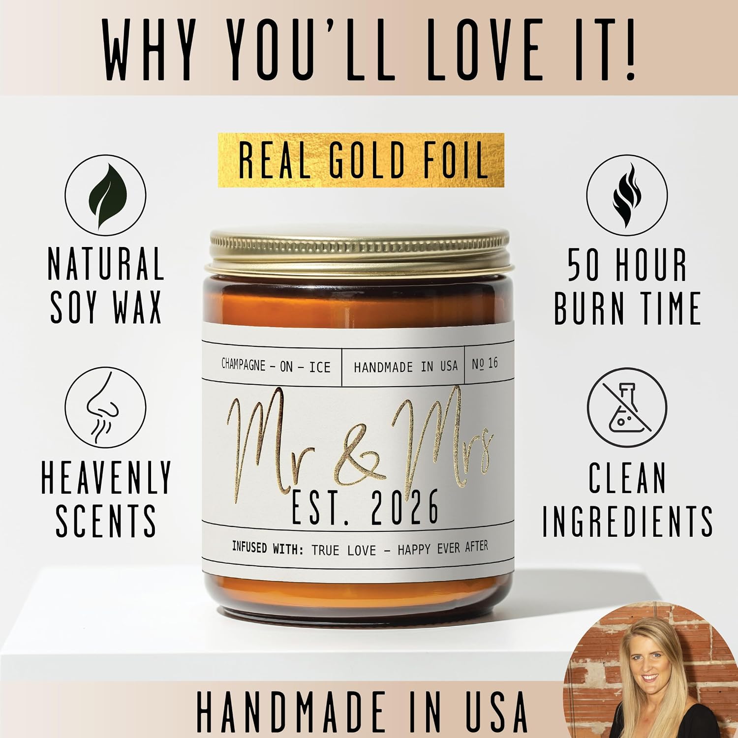 Wedding Gifts for Couples 2026, Bridal Shower Gifts from Bride - 'Mr and Mrs Est. 2026 Candle, w/Champagne on Ice I Wedding Shower for Newlyweds I 50Hr Burn, USA Made