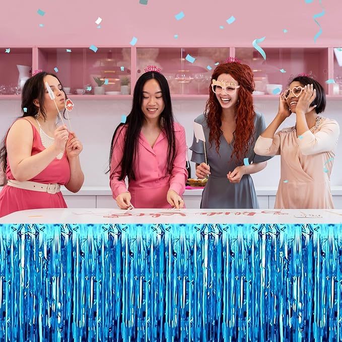 3 Pack 29 x108 Inch Lake Blue Foil Fringe Table Skirts Metallic Banner for Tinsel Streamer Garland Backdrop for Parade Floats Wedding Thanksgiving Birthday Christmas New Year Party Decoration