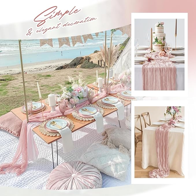 Aktor 4 Pack Dusty Pink Table Runner Boho Cheesecloth Table Runner Semi Sheer Gauze Fabric Runners for Wedding Birthday Baby Shower Party Boho Table Decoration（Dusty Pink）