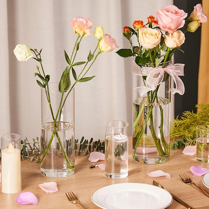 24pcs Clear Glass Cylinder Vases, 4, 6,10,12 inch Tall Hurricane Floating Candle Holder Vase for Centerpieces,Glass Candle Vase Flower Vase for Table Shelf, Wedding, Party,Home & Office Decor