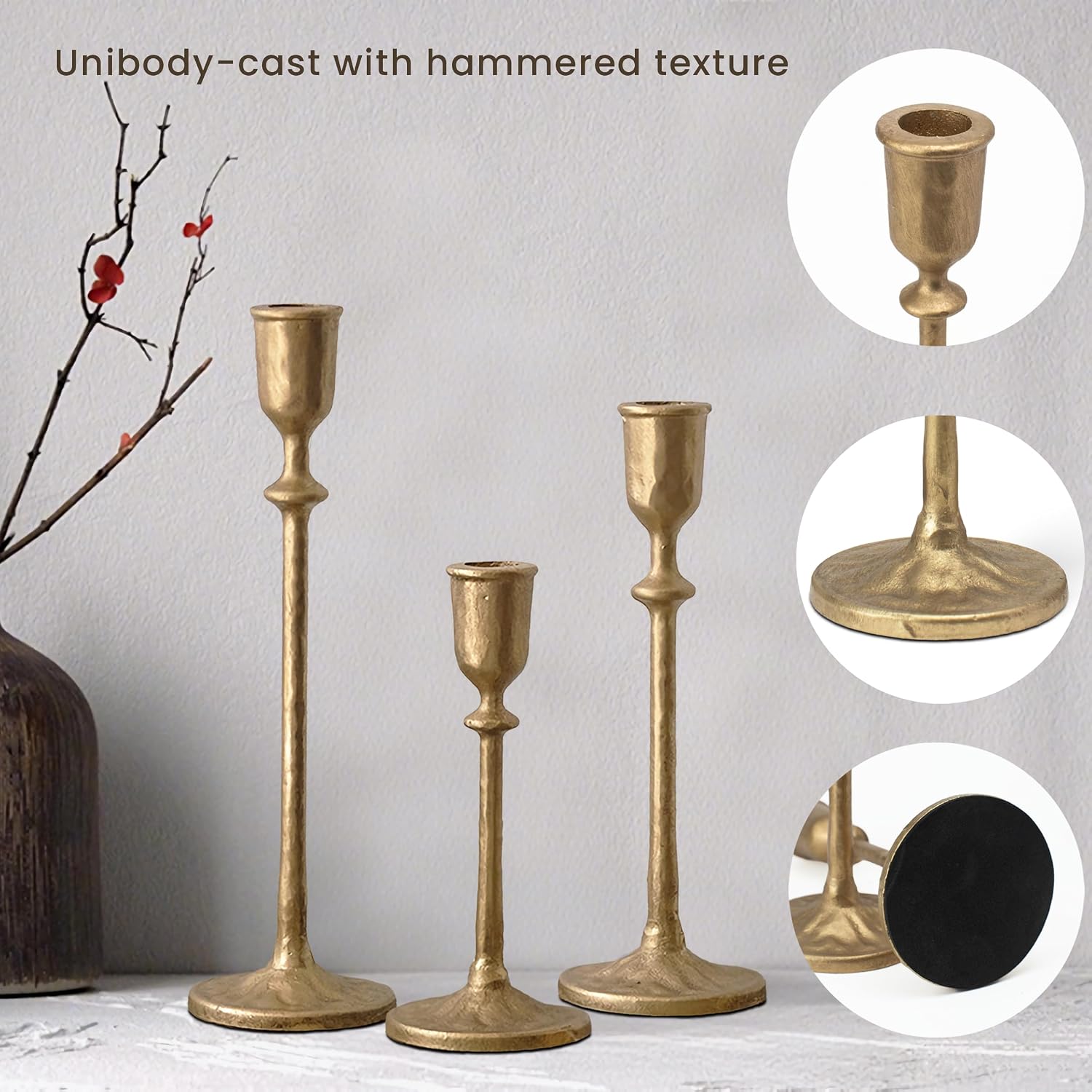 BANOMII Antique Brass Candlestick Holders Set of 3, Cast Iron Taper Candle Holder for Dining Table Centerpiece, Wedding, Fireplace Mantel Decor, Vintage Tall Candle Stands, Christmas Decorations