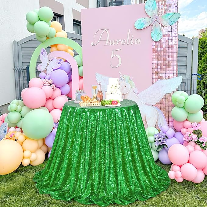 QueenDream Sequin Tablecloth - Green Party Tablecloth 90x156 Inch Green Glitter Table Cloth Sequin Fabric for Birthday Birdal Baby Shower Wedding