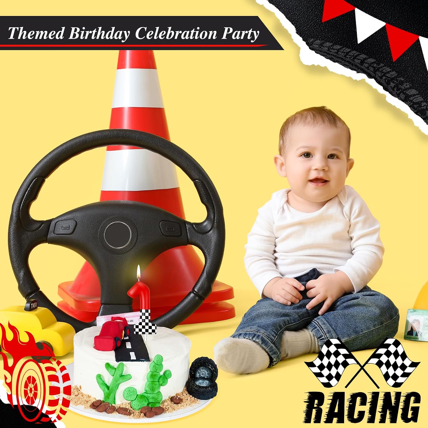MTLEE Racing Car Themed Birthday Candle Number 1 Red and Checkered Candle Party Decoration Cake Topper for Race Car Party Supplies