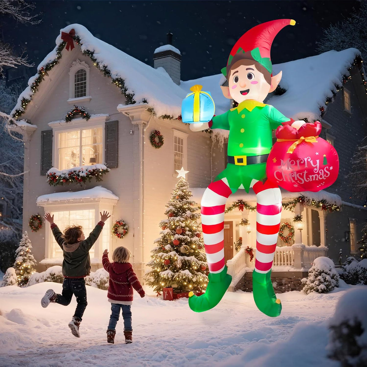 10ft christmas inflatable outdoor decoration, sitting elf holding showing dimensions