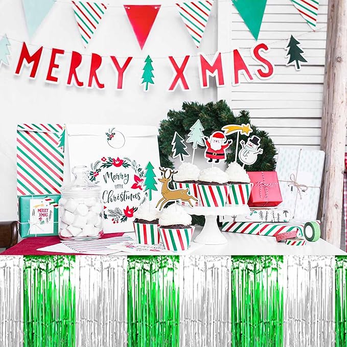 3 Pack 29 x108 Inch Silver Green Foil Fringe Table Skirts Metallic Banner for Tinsel Streamer Garland Backdrop for Parade Floats Mother's Day, Graduate, Birthday, Wedding Party Decoration
