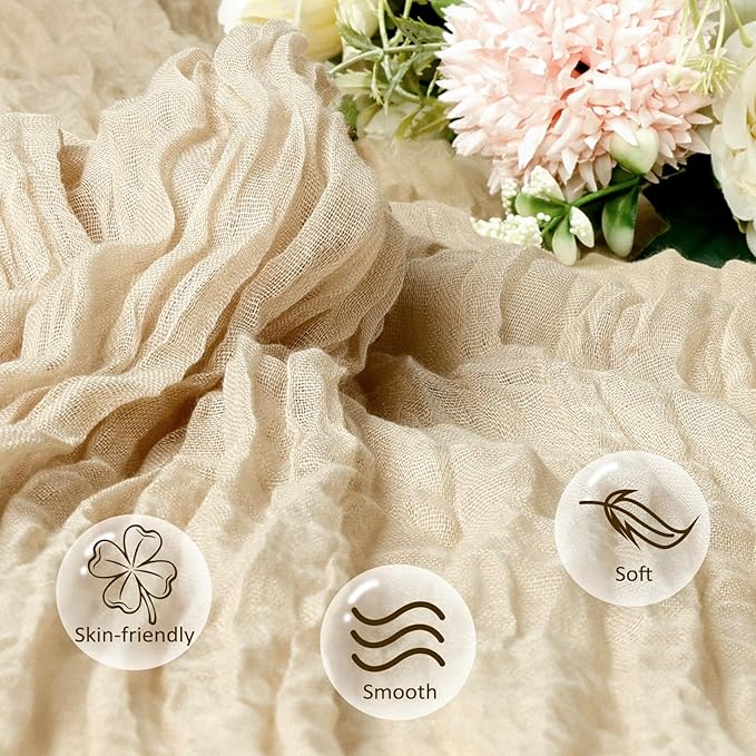 6 Pack Beige Cheesecloth Fall Table Runner 10ft Boho Gauze Fabric Cheese Cloth Table Runner 35 x 120 Inch Rustic Sheer Runner for Thanksgiving Wedding Decor Baby Shower Party Centerpiece Decoration