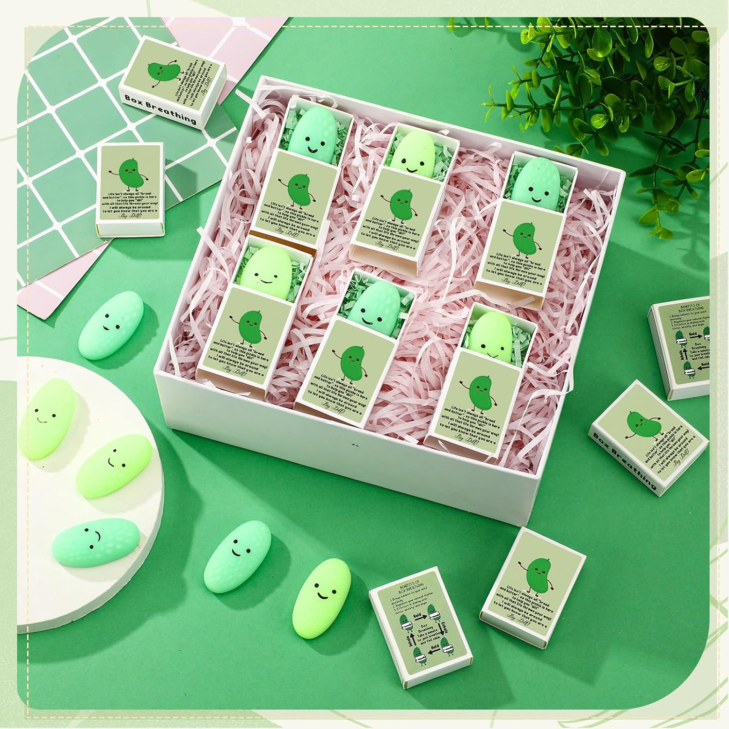 Wettarn 12 Sets Positive Gifts Pickle Stress Balls with Funny Gift Boxes Appreciation Party Favors for Employee Coworker Friends Office Emotional Relief Green Desk Decor Stocking Stuffers