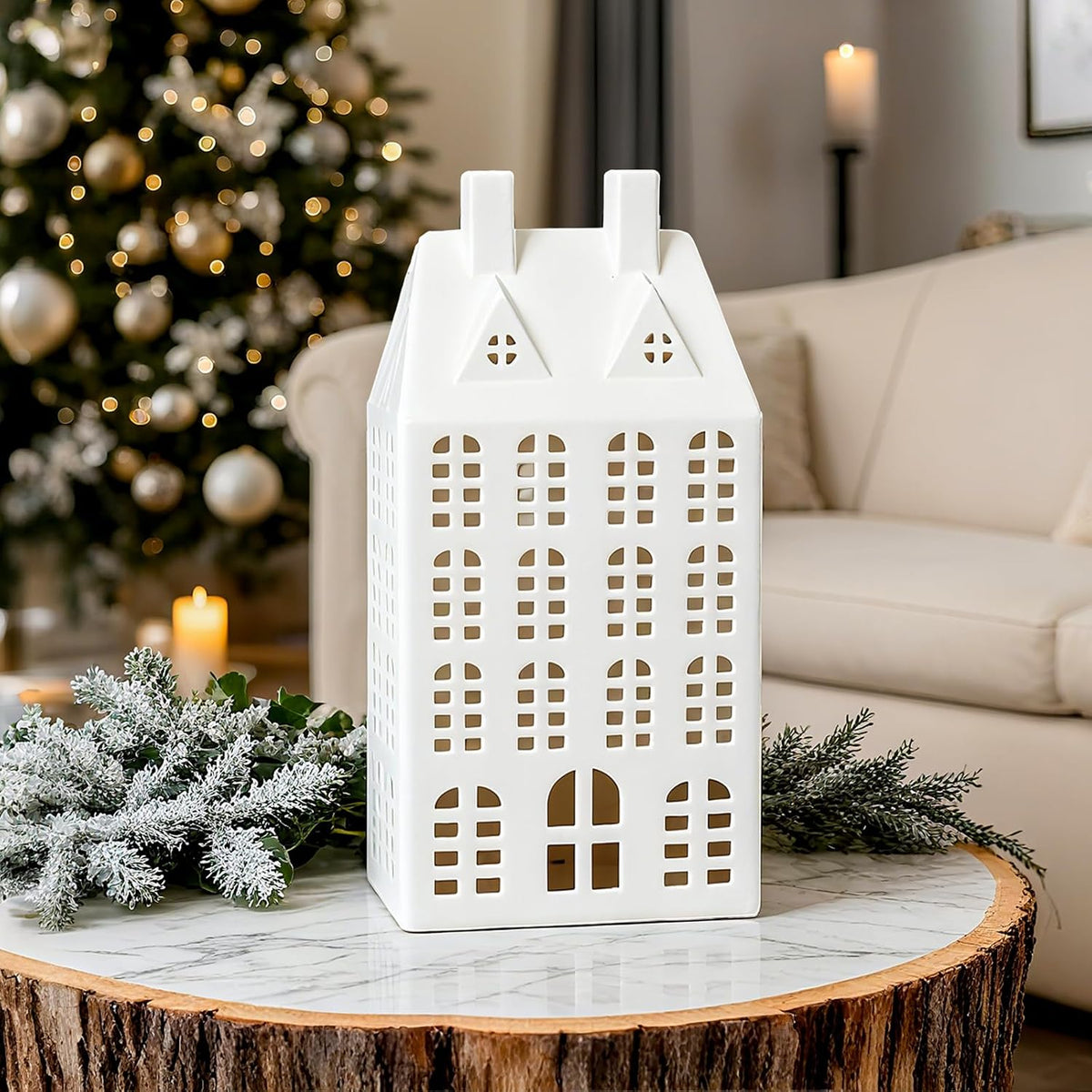 dn deconation light up christmas village house, white showing dimensions