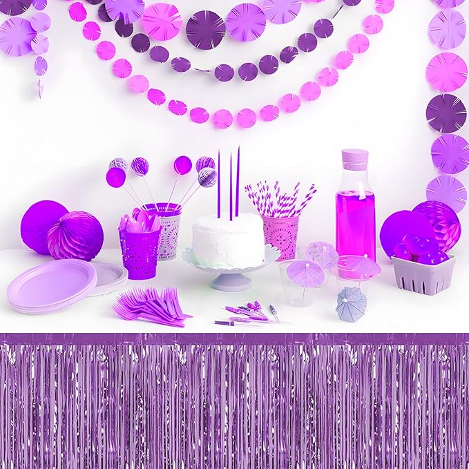 3 Pack 29x108 Inch Light Purple Foil Fringe Table Skirts Metallic Banner for Tinsel Streamer Garland Backdrop for Parade Floats Wedding Thanksgiving Birthday Christmas Halloween Party Decoration
