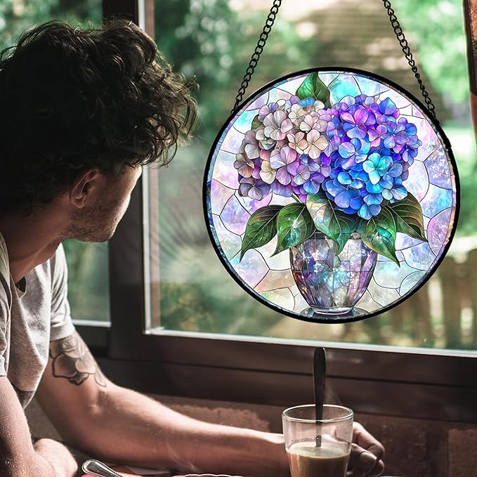 Stained Glass Window Hanging, Blue Purple Hydrangea Flowerpot Suncatcher for Doors Home Sun Catchers Decoration and Christmas, Mother's Day Birthday Gifts for Women, Men, and Mom 14.9 in