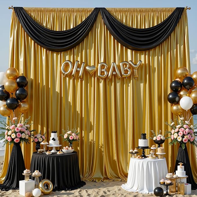 Golden Brown Satin Backdrop Curtains 2 Panels - Glitter Photo Drapes for Baby Shower, 10x10FT Shimmer Back Drop Cloth, Wrinkle Free for Golden 50th Birthday Party Decorations