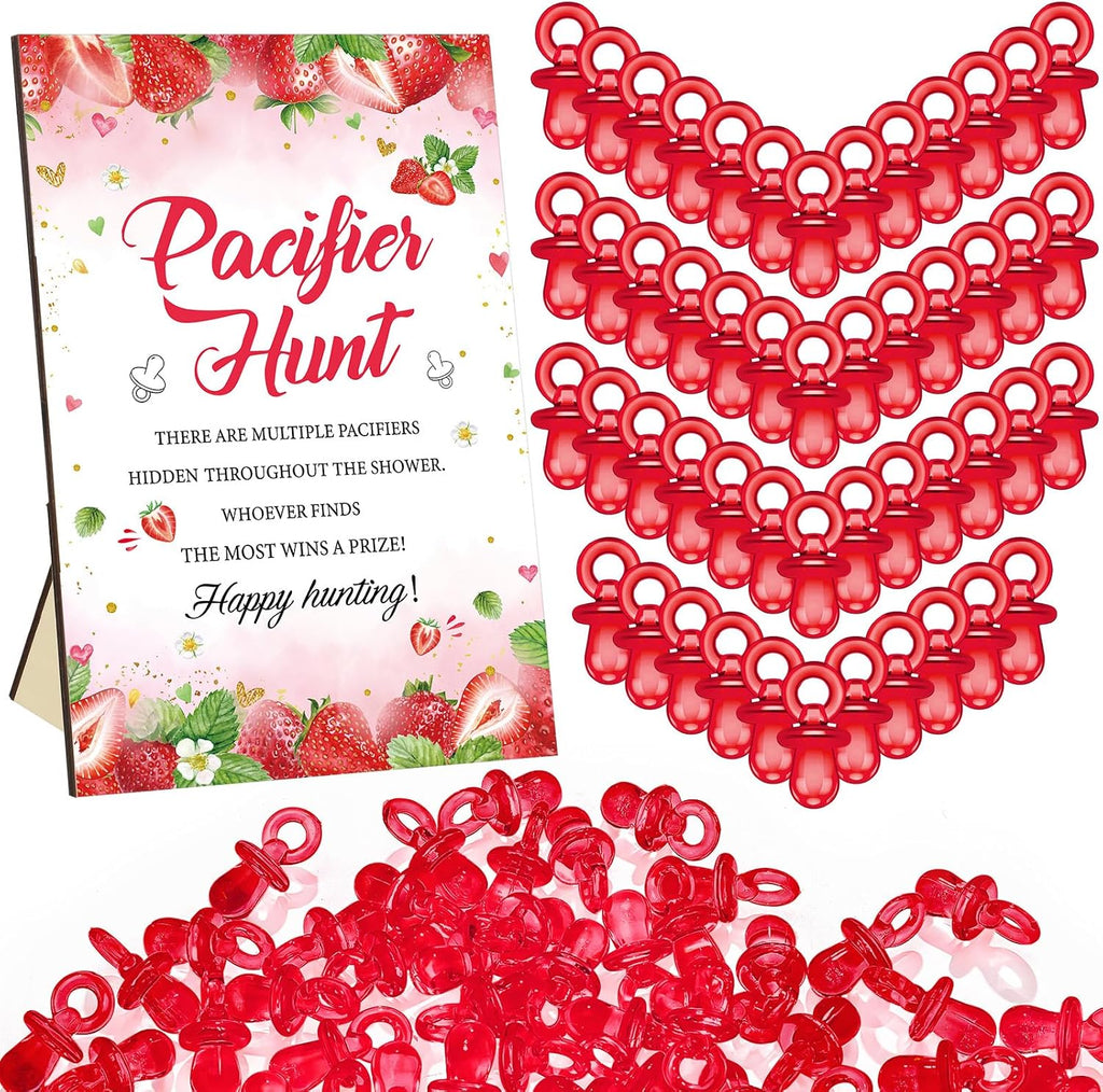 Thyle 51 Pcs Strawberry Pacifier Hunt Baby Shower Games Include Hunt Sign and 50 Acrylic Pacifiers for Baby Shower Decoration Gift Sets Gender Reveal Party Decor