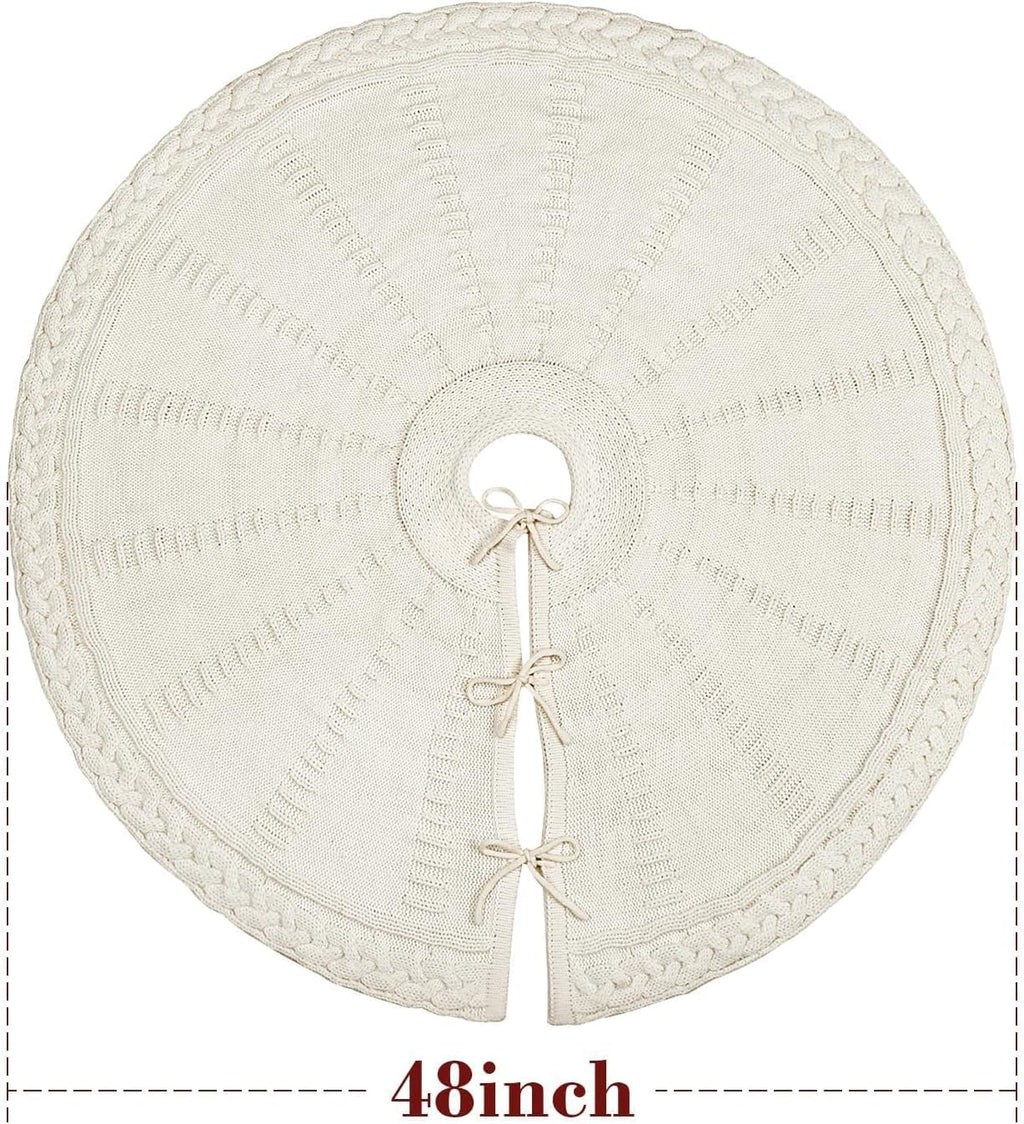 48 Inch Christmas Tree Skirt: Braided Cable Knit Tree Skirt for 7.5FT Tree, Cream White Tree Skirt, Vintage Tree Skirts, Rustic Farmhouse Christmas Decorations